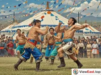 In front of the lively yurt, a group of Mongolian men in wrestling costumes are performing wrestling dance. Their movements are full of power and the surrounding audience is cheering.