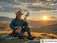 At sunset, on the grassland slope, a Mongolian man is sitting there, concentrating on playing the morin khuur. The golden sunlight shines on him and the instrument.