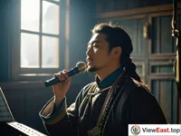 In a quiet indoor space, a Mongolian khöömii artist is concentrating on performing khöömii. His expression is mysterious. The surrounding light is a bit dim, highlighting the mysterious atmosphere of khöömii.