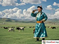 On the vast green grassland, a Mongolian singer in traditional clothing stands tall and sings long tunes loudly. Behind him are blue sky, white clouds and flocks of cattle and sheep.