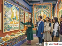 Tourists are visiting an exhibition of Tibetan thangka art and handicrafts. A tour guide is explaining beside them. The tourists show expressions of amazement.