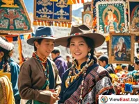 At a Tibetan festival celebration, people are wearing traditional costumes. Thangkas and handicrafts are hung all around and it is very lively.