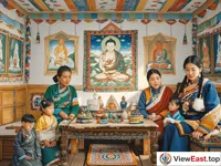 In a room of a Tibetan family, a thangka is hanging on the wall and handicrafts are placed on the table. The whole room is full of cultural atmosphere.