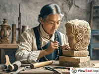 A Tibetan carver is earnestly carving a wood or stone carving work. The tools are placed aside and the work is gradually taking shape.