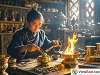 A Tibetan craftsman is meticulously making gold and silverware on the workbench. Under the firelight, the gold and silverware glitters.