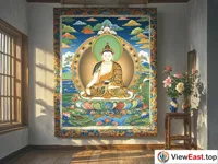 A beautiful thangka is hanging on the wall. The sunlight shines in through the window, illuminating the colors and patterns on the thangka.