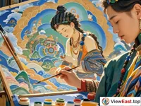 A Tibetan artist is concentrating on drawing a thangka on the canvas. There are various pigments and brushes around. The artist is absorbed in his work. The lines on the thangka are delicate and the colors are bright.