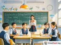 In a bright classroom, Yao children are wearing neat school uniforms and listening to the teacher carefully. The blackboard is written with teaching contents in Chinese and English.