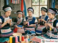 Several Yao women sit around, holding needles and threads in their hands, and are concentrating on making exquisite Yao costumes. There are various colors of cloth and silk threads placed beside them.