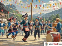 In a lively square, Yao people are wearing festival costumes and dancing happily. There are people playing gongs and drums beside them, and colorful flags are floating in the air.