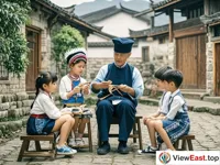In a quiet yard, an old man sits on a stool and seriously shows the traditional handicrafts of the Yao people to several children. The children watch intently.