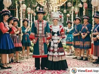 A pair of newcomers in gorgeous Yao wedding costumes stand in the center of a beautifully decorated venue. Around them are relatives and friends singing and dancing, and the ground is covered with petals.
