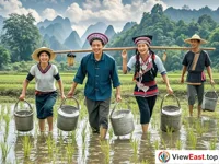 In a field, several Yao men and women work together. Some are transplanting seedlings, and some are carrying water. Everyone has a smile on their face and cooperates with each other tacitly.