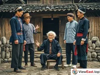 In front of a traditional Yao house, a white-haired elder sits in the middle. On both sides stand the clansmen in dispute. The elder listens patiently to their complaints, and his hand is slightly raised as if mediating.