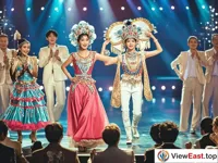 On the stage, actors are performing songs and dances in gorgeous costumes. The audience is full of seats and there is thunderous applause.