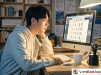 A young person is sitting in front of a computer, concentrating on looking at the riddles on the screen. Beside it is a cup of coffee.