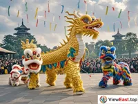On a wide square, a golden dragon and several colorful lions are dancing merrily. The surrounding audience is cheering.