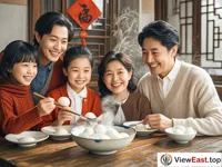 A family is sitting around a table, happily eating yuanxiao. There are bowls of steaming yuanxiao on the table.