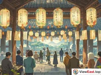 An antique courtyard is filled with lanterns. There are riddles written on the lanterns. People are gathered around and concentrating on thinking about the riddles.