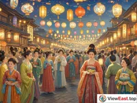 A lively ancient street is decorated with all kinds of lanterns. People are dressed in Tang Dynasty costumes and are bustling about with joy on their faces.