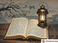 An opened ancient book with written records about the origin of the Lantern Festival in the Han Dynasty. Beside it is an old-fashioned oil lamp emitting soft light.