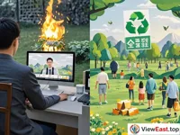 A person is sitting in front of a computer for online sacrifice. On the other side, people are making civilized sacrifices in the countryside without burning paper. There are environmental protection signs and tourists beside.
