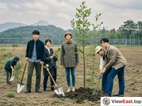People are planting trees on an open space. There are saplings and shovels beside.