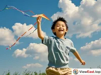 Under the blue sky and white clouds, a child is happily flying a kite.