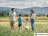 A beautiful countryside with grassland, flowers and a family happily strolling.