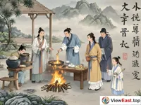 In the picture, there is a scene of the ancient Cold Food Festival. People are making a fire and cooking. There are words about loyalty and filial piety beside it.