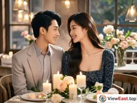 A couple is sitting in a romantic restaurant. There are candles and flowers on the table. They look at each other and smile, with love in their eyes.