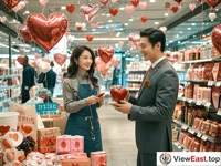 In the shopping mall, heart-shaped balloons and ribbons are hung everywhere. The shelves are filled with various commodities related to love. Salespersons are enthusiastically introducing products to customers.