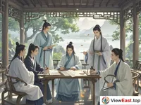 A group of scholars are sitting around in a pavilion. There are writing brushes, ink, paper, and inkstones on the table. They are either deep in thought or chanting with their heads up.