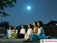 At night, several women are sitting quietly in the yard, looking up at the sky with concentrated and expectant expressions.