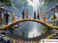 By a small river, people have built a bridge decorated with flowers and incense. There are some people standing on the bridge, and the river flows slowly under the bridge.