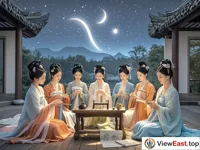 A group of women in ancient costumes are sitting around in the yard. In front of them are items such as needles and threads. They are concentrating intently and praying to Vega in the sky.