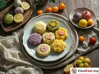 There are various exquisite pastries in different shapes and rich colors on a plate, with some fruits as decorations beside.