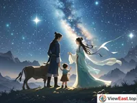 In the vast starry sky, Altair and Vega are extremely bright. There is a faintly visible Milky Way in between. Niulang stands on one side with his children, and Zhinv stands on the other side, looking at each other from afar.