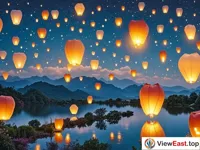 In the night sky, there are many lit sky lanterns floating.