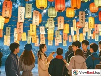 In a place full of colorful lanterns, there are riddle papers pasted on the lanterns. People are standing around thinking and guessing.