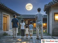 A family is standing in the yard, looking up at the full moon in the sky.