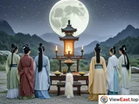 A group of people in ancient costumes are in front of an open-air altar, conducting sacrificial activities to the moon. There are sacrificial offerings on the altar.