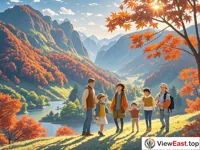 A family is playing in a beautiful scenic area. The maple leaves on the mountain are red. There are happy smiles on everyone's faces.