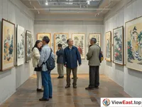 In an exhibition hall, there are calligraphy and painting works related to the Double Ninth Festival. People are appreciating them carefully.
