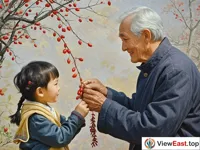 An old man is putting dogwood on a child. There is curiosity on the child's face.