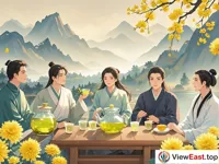 Several people sit at a table. There is a pot of chrysanthemum wine and several glasses on the table. People chat and taste chrysanthemum wine.