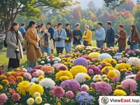 In a garden, there are chrysanthemums of various colors. People gather around the chrysanthemums and admire their beauty. Some people are taking pictures with cameras.