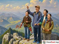 A group of people stand on the top of a mountain, looking at the beautiful scenery in the distance. There is joy on their faces. They hold dogwood in their hands.