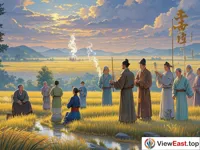 In ancient times, people held sacrificial activities beside a golden rice field. Wisps of smoke rose in the sky.