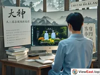 A person is sitting in front of a computer. On the screen is a virtual cemetery. Beside it are some books and posters about the cultural inheritance of Winter Clothing Festival.
